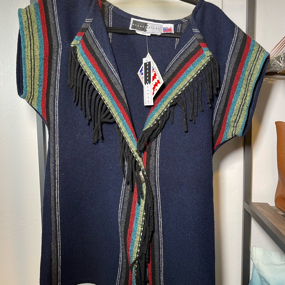 Rhonda STARCK Navy Fringe Knit Blouse with Multicolor Stripes